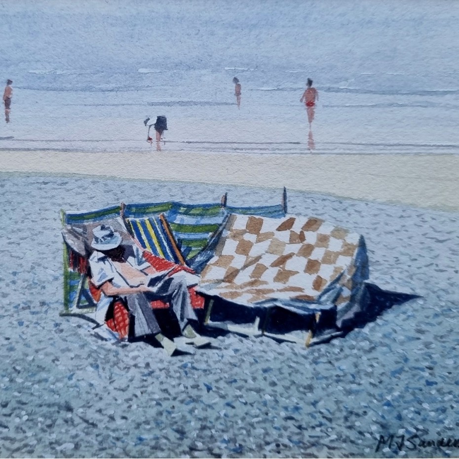 Michael J Sanders - Beach scene with figures and windbreak